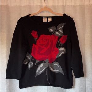 Emma James Black Sweater with Red Rose Design